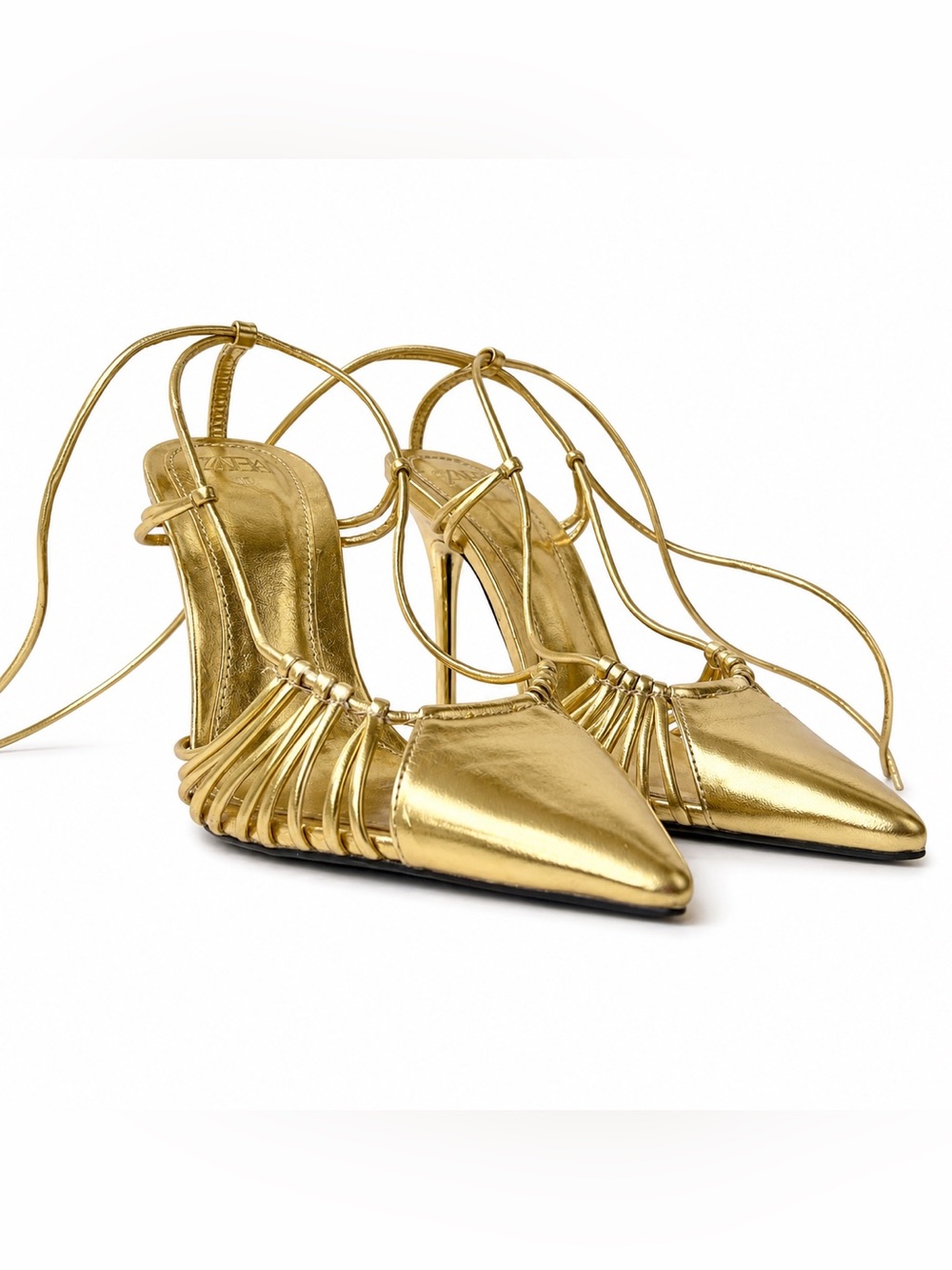 ZARA | Gold, Lace-up, Metallic, Stiletto Heels, Pointed Toe | Women’s Size: 38